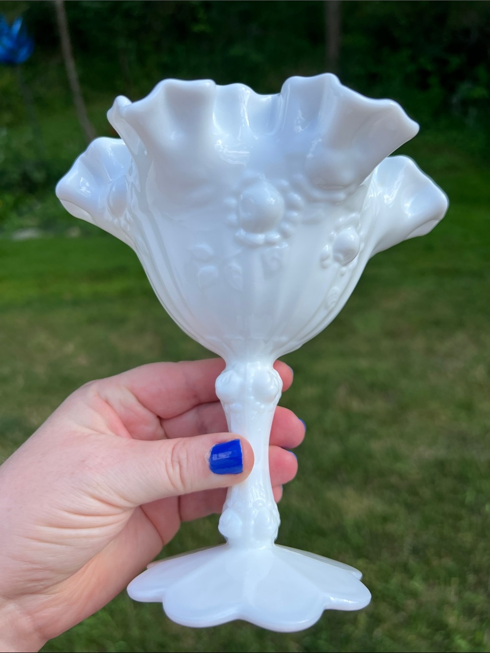 Vintage Fenton Ruffled White Milk Glass Cabbage Rose Compote Pedestal Candy Dish